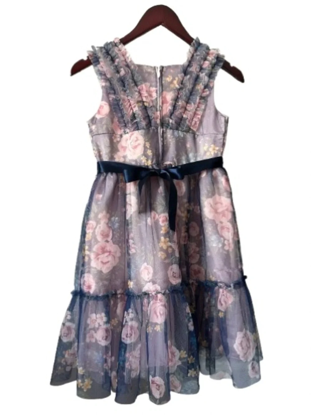 Kensie Girl Size 12 Pink Floral on Navy Tiered Ruffle Formal Dress Fully Lined